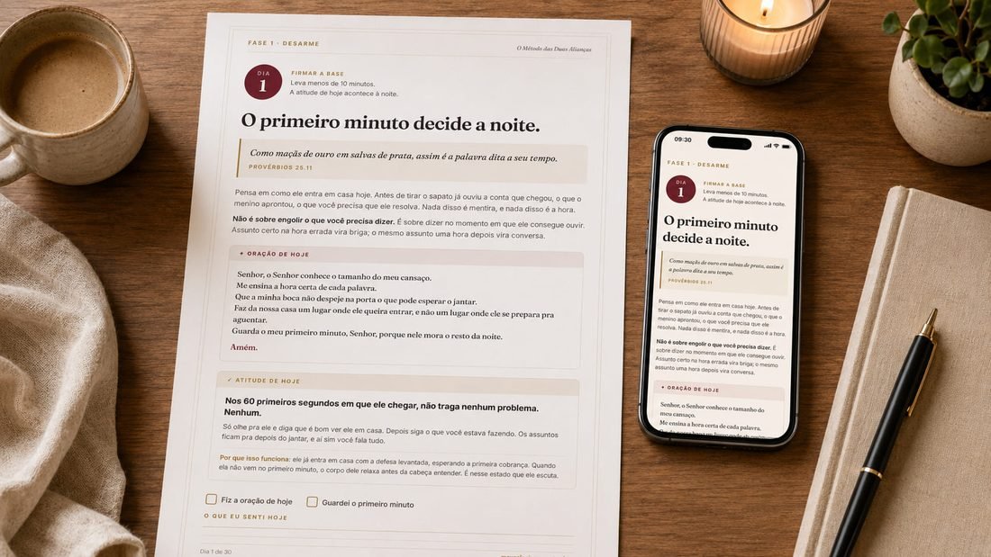 O material do Método das Duas Alianças impresso sobre uma mesa, ao lado do celular com a mesma página aberta.