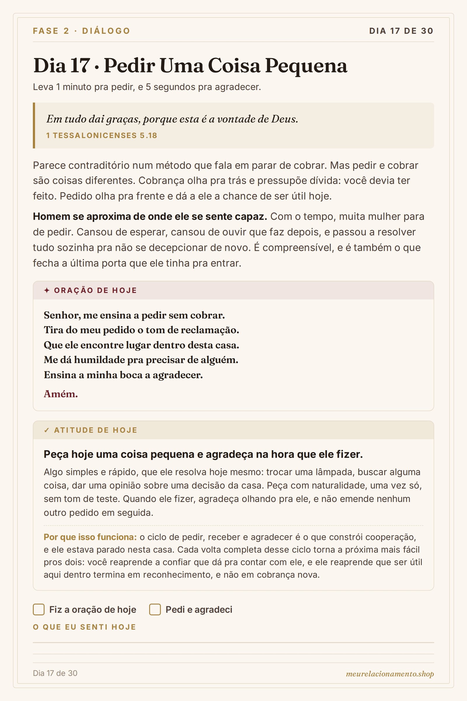 Página do Dia 1 do Método das Duas Alianças: Firmando a Base, Estratégia do Primeiro Minuto, com o versículo, a oração escrita e a atitude prática do dia.